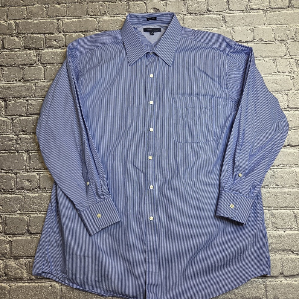 Tommy Hilfiger Mens Regular Fit Blue Striped Button Dress Shirt Size 17 32-33